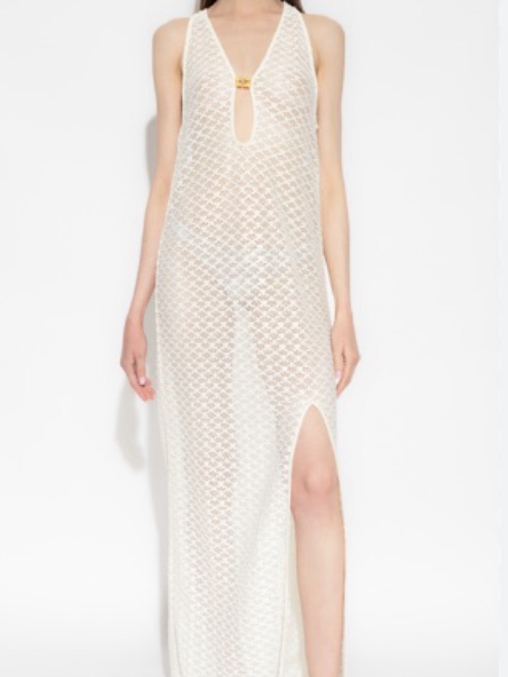 Ganni Cream Sheer Crochet Maxi Cover-Up with Side Slit